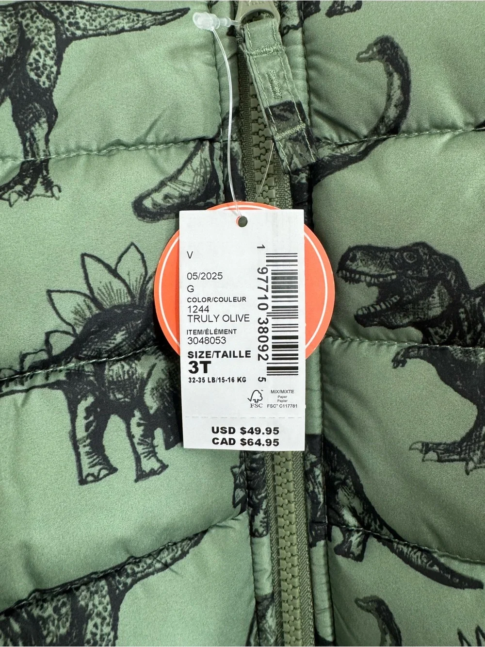 NWT The Children's Place Olive Green Dinosaur Puffer Jacket